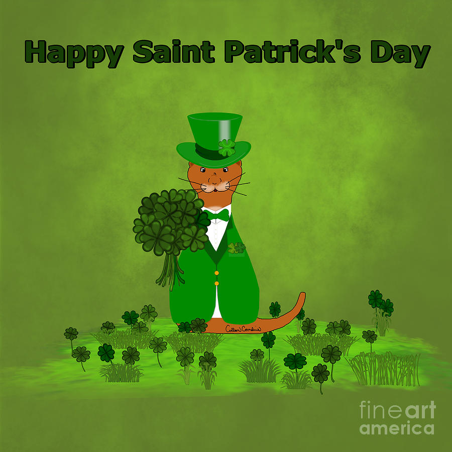 Spring Digital Art - Oliver The Otter Picking Shamrocks- Saint Patricks Day by Colleen Cornelius