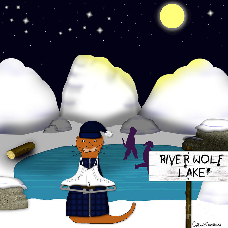 Otter Digital Art - Oliver The Otter Skates at River Wolf Lake by Colleen Cornelius