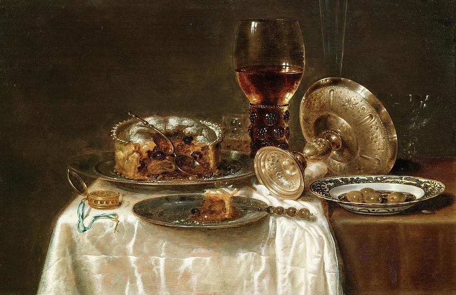 Olives in a blue and white porcelain bowl, a roemer, wine glasses, an overturned silver tazza and a  Painting by Lagra Art