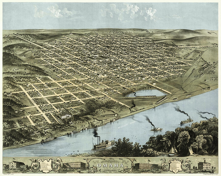 Omaha Nebraska Antique Map Birds Eye View 1868 Photograph by Carol Japp ...