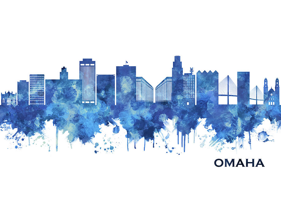 Omaha Nebraska Skyline Blue Mixed Media