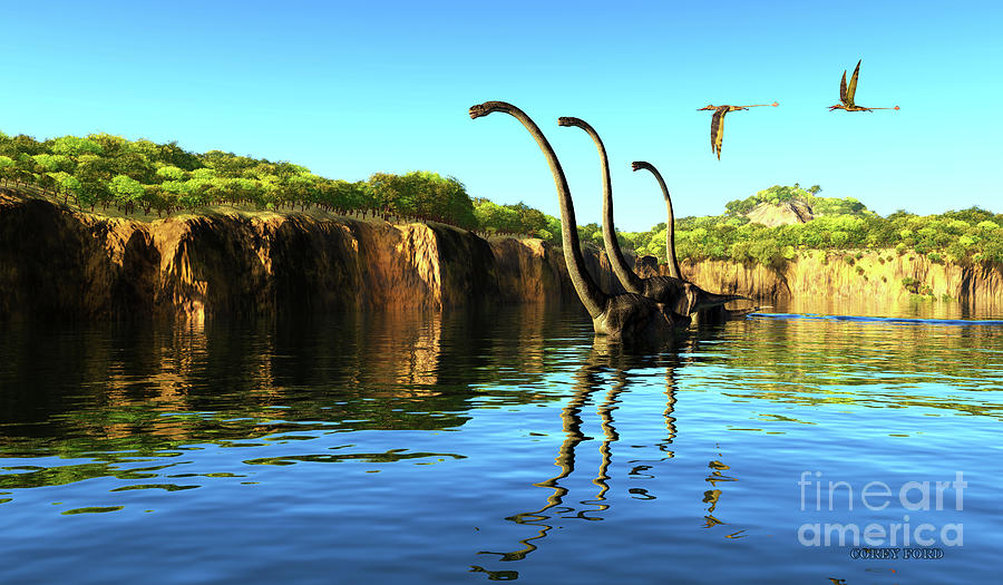 Omeisaurus Dinosaur River Digital Art by Corey Ford
