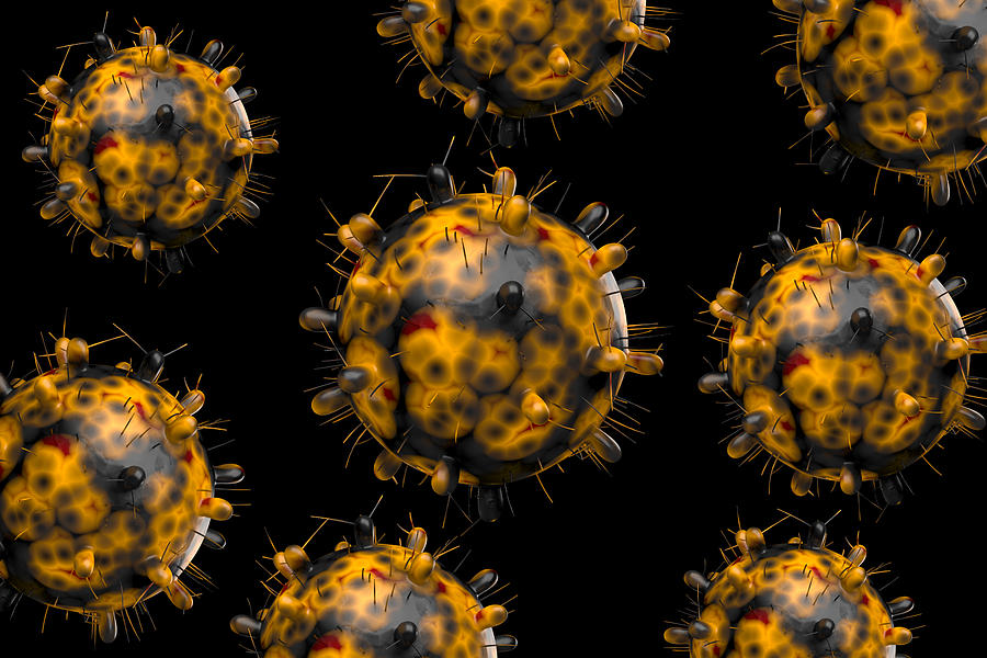 Omicron variant of coronavirus or covid-19. A computer generated image with multiple copies against a black background. Photograph by Uma Shankar sharma