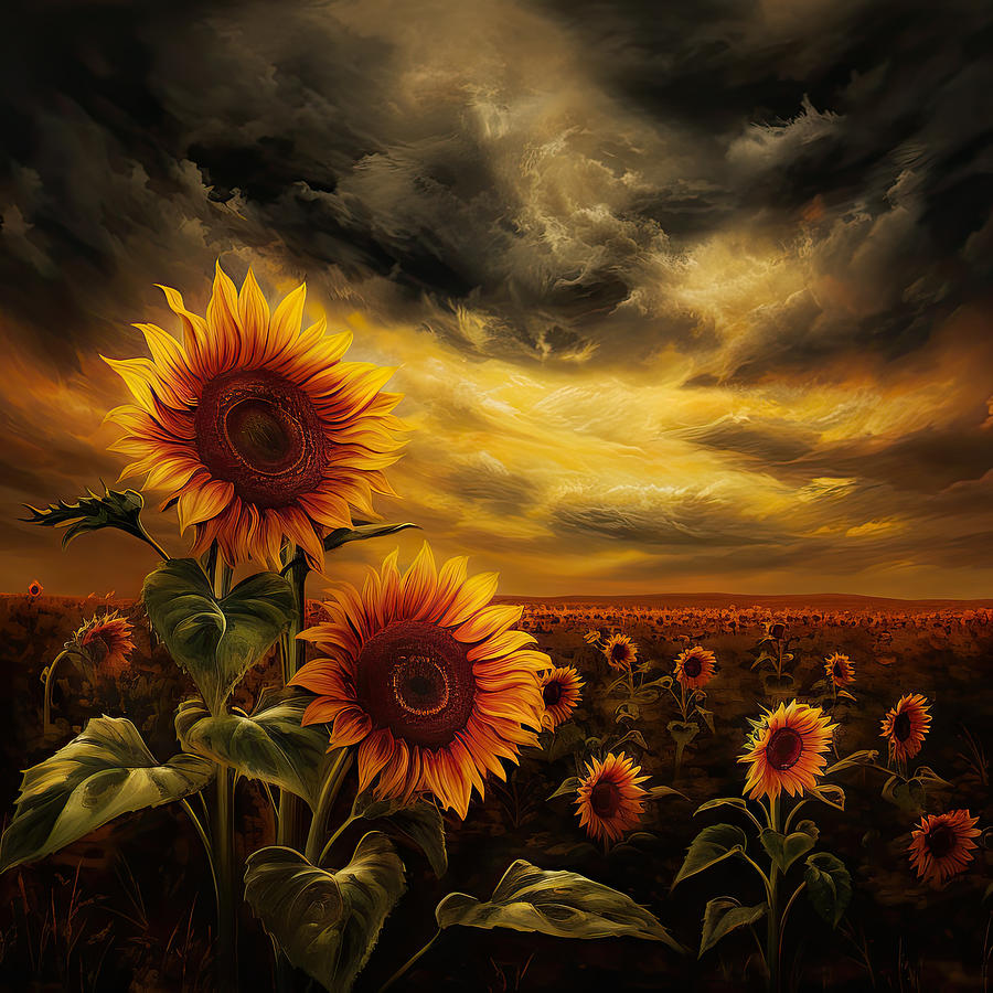 Sun Flower Photograph - Ominous Beauty - Sunflowers in a Storm - Sunflowers at Sunset by Lourry Legarde