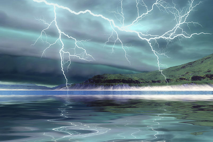 Ominous thunderclouds and lightning move over the mountains and a nearby lake. Drawing by Corey Ford/Stocktrek Images