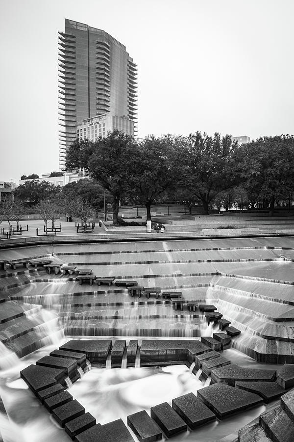 Omni Fort Worth Over The Beautiful Water Garden Cascades - Black And White Photograph by Gregory Ballos