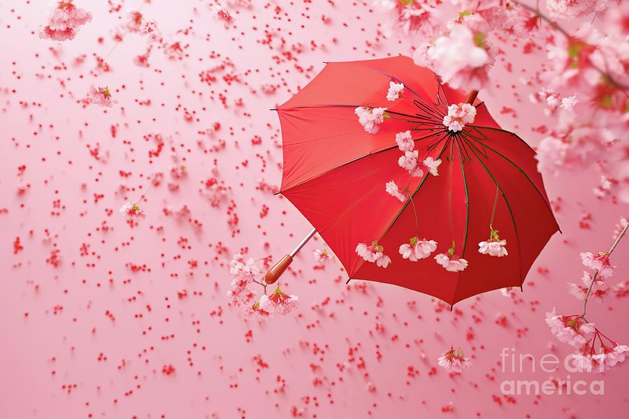 On a red umbrella fall pink cherry blossoms, studio background with copy space. Ai generated. Photograph by Joaquin Corbalan