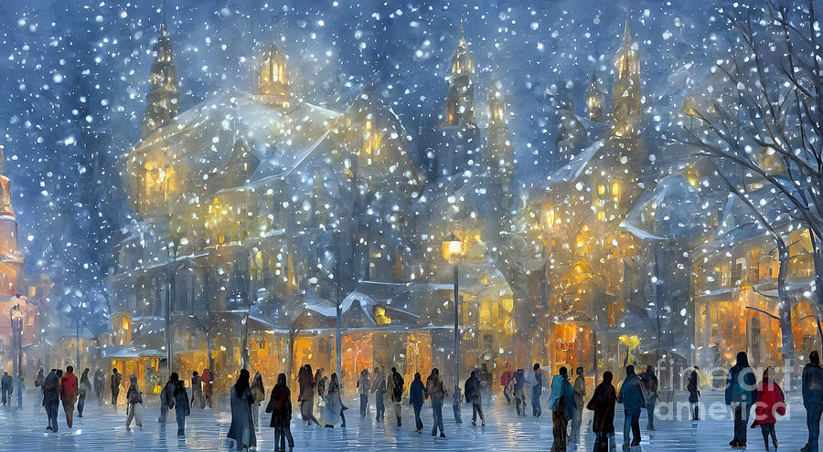 Christmas night in the city. People on their way to church Digital Art ...