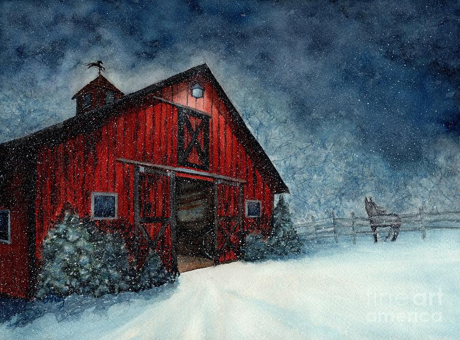 Winter Painting - On a Winters Night Barn       by Janine Riley