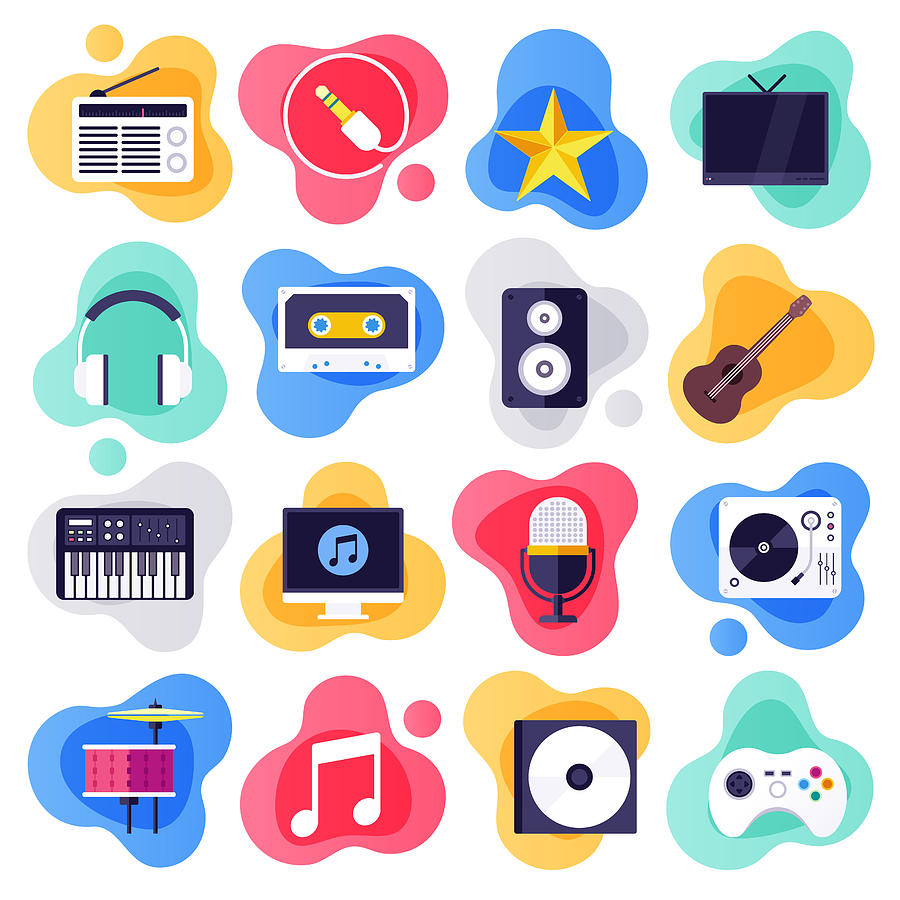 On-demand Services & Music Industry Flat Liquid Style Vector Icon Set Drawing by Denkcreative