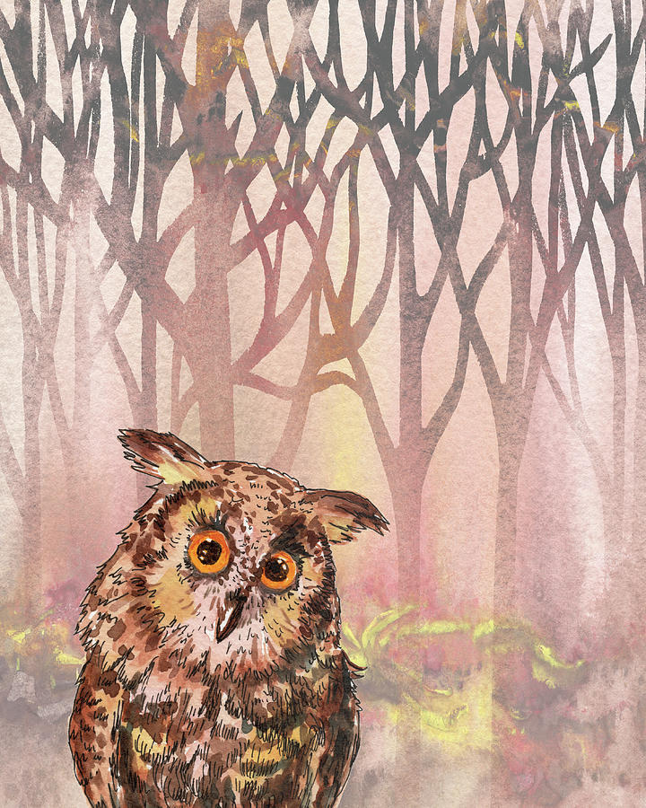 On Forest Watch Cute Baby Owl Watercolor  Painting by Irina Sztukowski