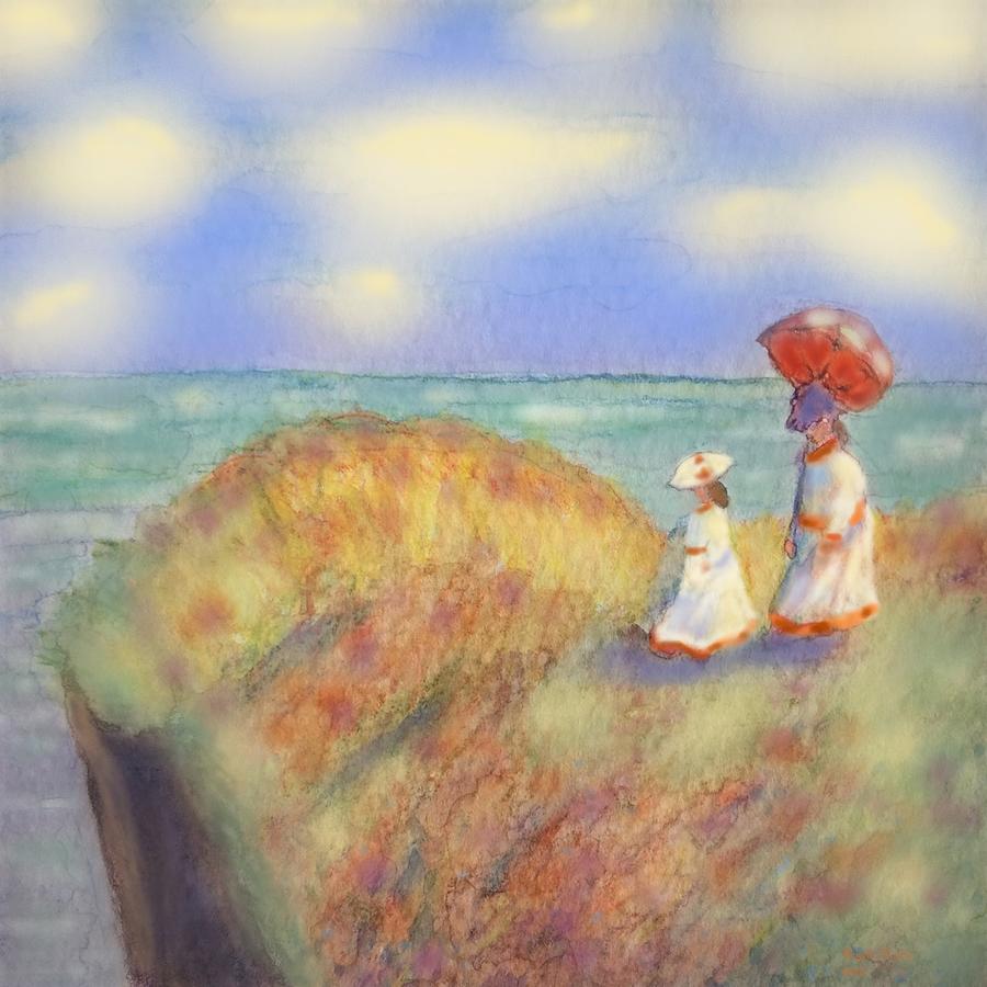 On The Cliff with a Parasol Painting by Angela Davies