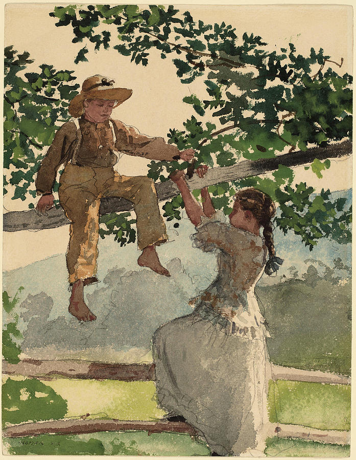 On the Fence. Dated 1878. Painting by Winslow Homer