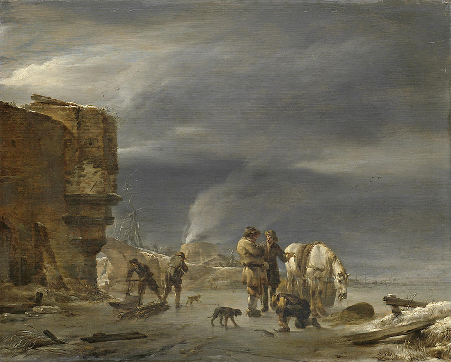 On the ice near a town Painting by Nicolaes Pietersz Berchem