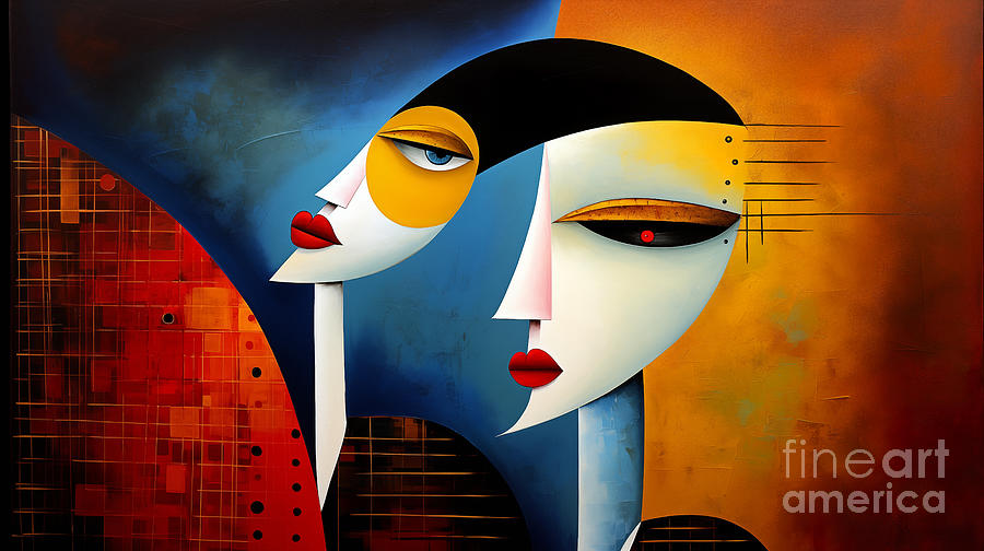 On the image is a stylized depiction of two faces in a modern abstract art style Digital Art by Odon Czintos