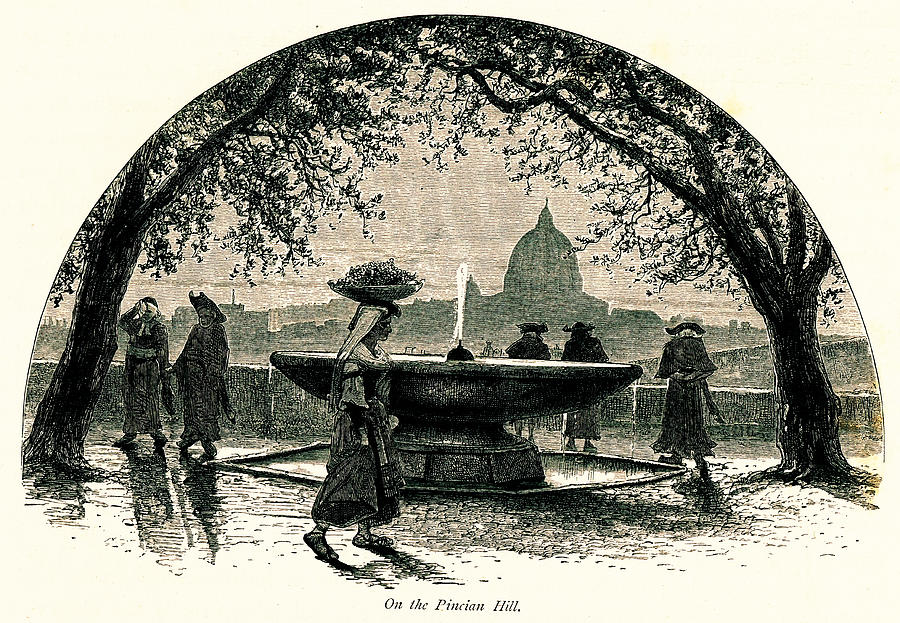 On the Pincian Hill, Rome, Italy I Antique European Illustrations Drawing by NSA Digital Archive