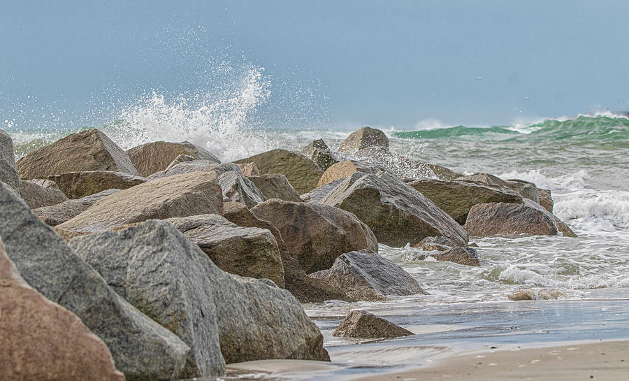 On the Rocks - Rough Seas at Ft. Macon Photograph by Bob Decker
