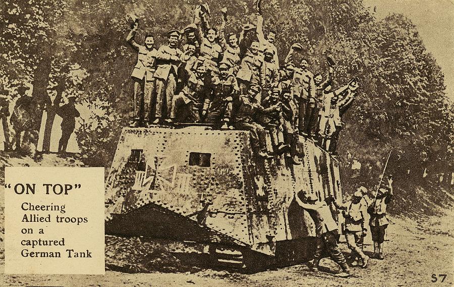 on Top - Allied troops on a german tank Vintage Postcard Photograph by Steven Ralser