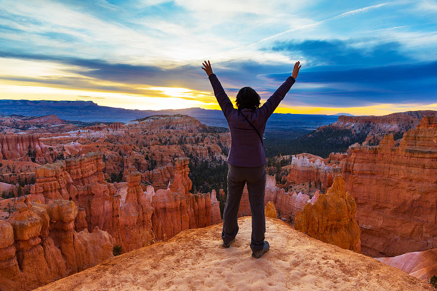 On top of Bryce Canyon with hands raised Photograph by Nycshooter