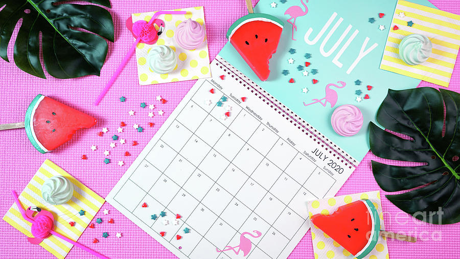 On-trend 2020 calendar page for the month of July modern flat lay. Photograph by Milleflore Images