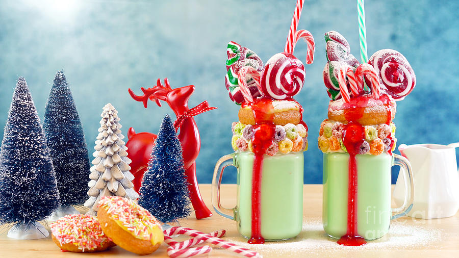 On trend festive Christmas freak shake milkshakes. Photograph by Milleflore Images