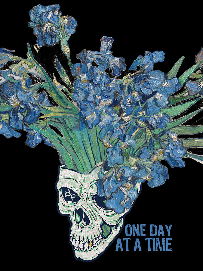 One Day At A Time AA Sober NA Van Gogh Skull Tee Tees T-Shirt Painting by Tony Rubino