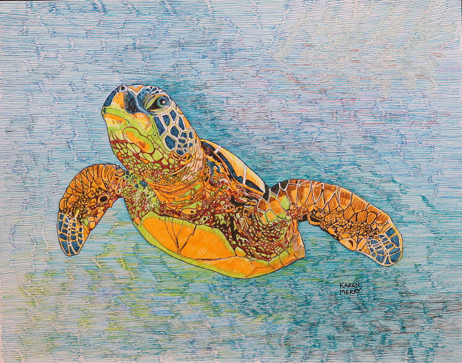 One Green Sea Turtle Painting by Karen Merry