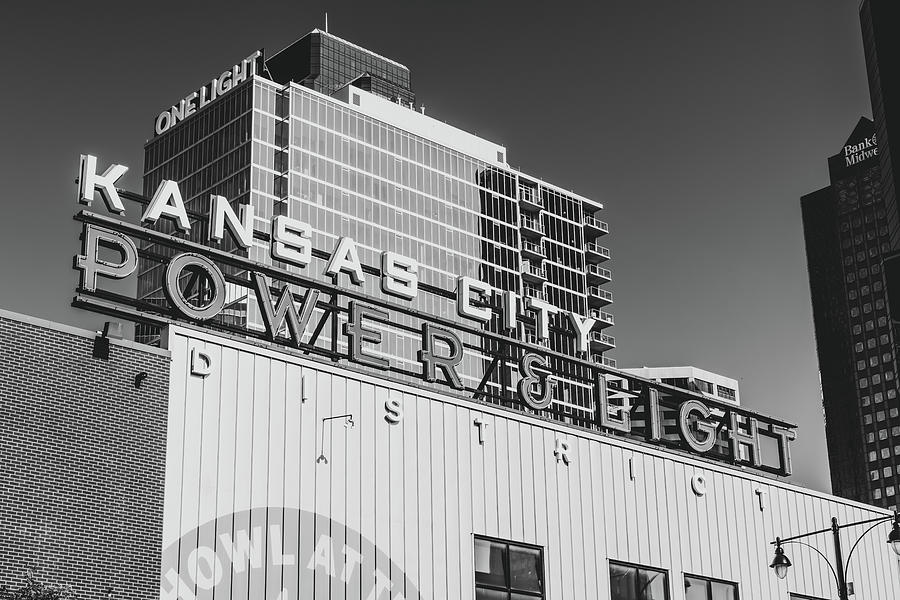 One Light And Kansas City Power And Light Neon - Black and White Photograph by Gregory Ballos