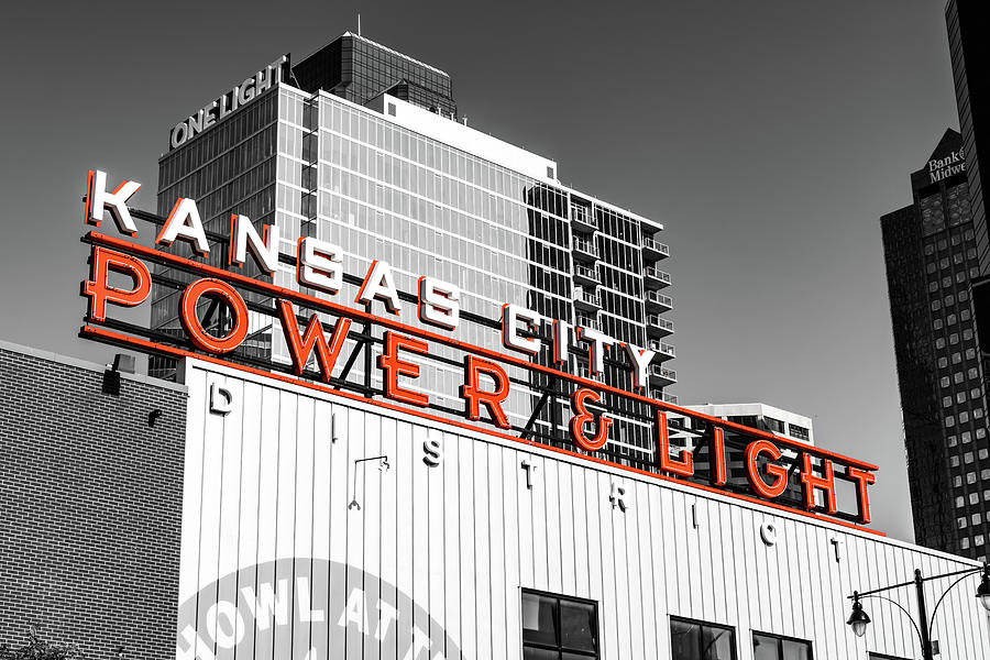 One Light And Kansas City Power And Light Neon - Selective Color Edition Photograph by Gregory Ballos