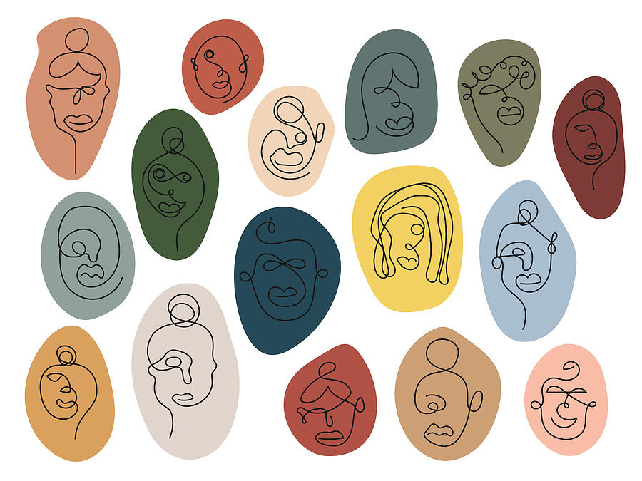 One line art faces, colorful Drawing by Jennifer Kosig
