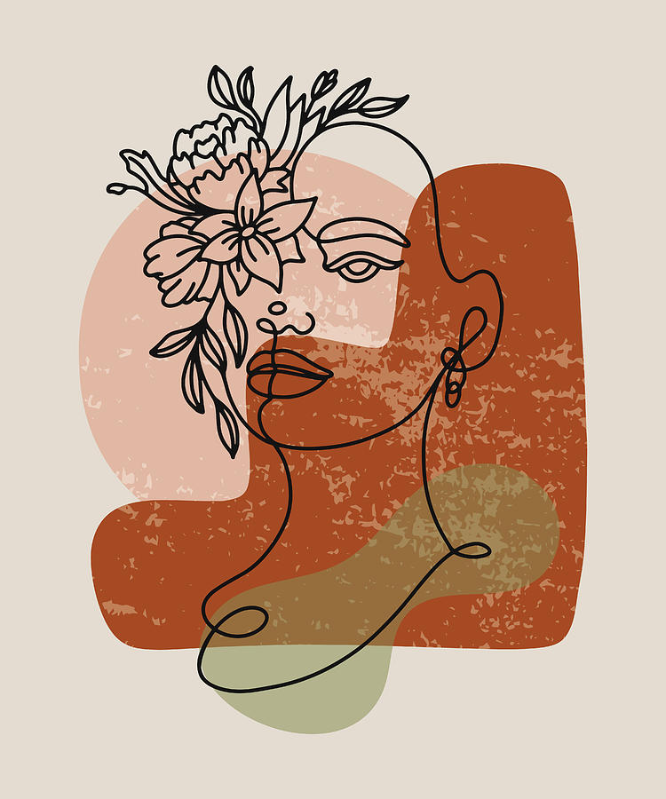 Female Face Drawing - One line drawing, Abstract floral head of woman, Boho aesthetic poster, Geometric shapes background by Mounir Khalfouf