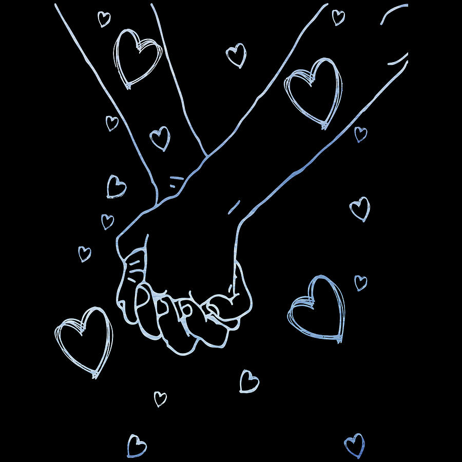 Gallery Walls Drawing - One line drawing holding hands minimalist blue design on black background hands holding minimal line by Mounir Khalfouf