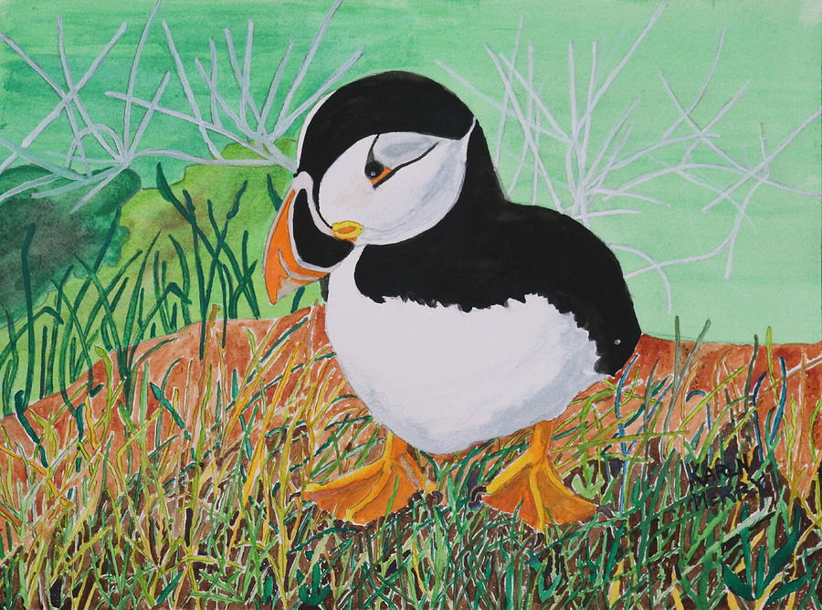 One Little Puffin Painting by Karen Merry