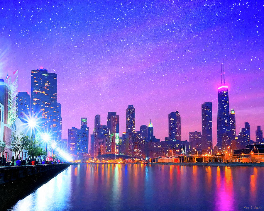One Magical Night In The Windy City - Chicago Skyline Mixed Media by Mark E Tisdale
