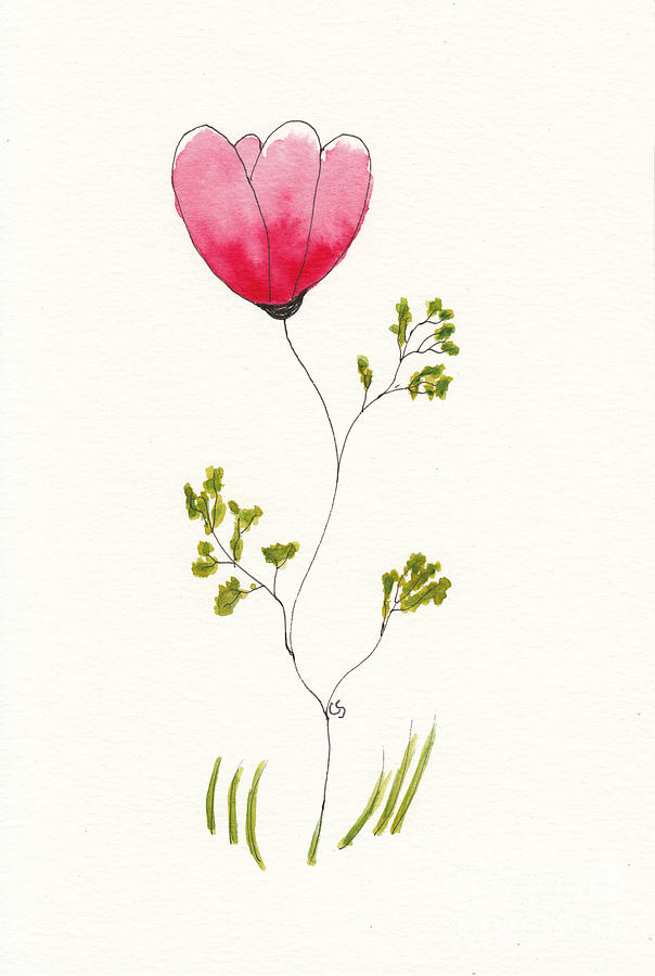 One Pink Flower in Pen Ink and Watercolor Mixed Media by Conni Schaftenaar
