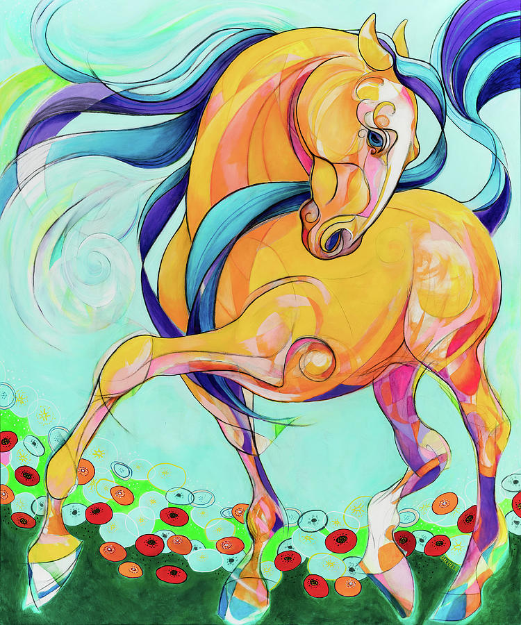 Horse Painting - One Pink Poppy by Linda Dalziel