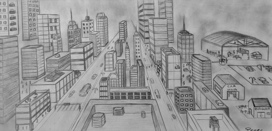 Free art print of Retro city sketch, street, buildings and old cars vector  illustration, pencil on paper style | FreeArt | fa11875809