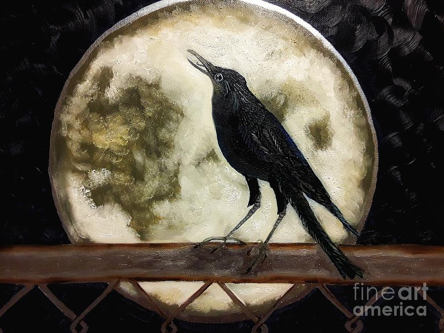 Crow Painting - One Sad Bird on One Sad Fence by Wendy Wunstell