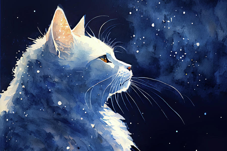 Animal Digital Art - One With the Cosmos - White Cat by Mark Tisdale