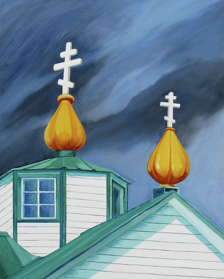 Onion Dome Crosses, Ninichik, Alaska  Painting by Shirley Galbrecht