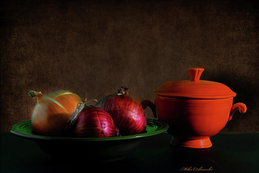 Onions and Fiesta Ware Photograph by Michael Ciskowski