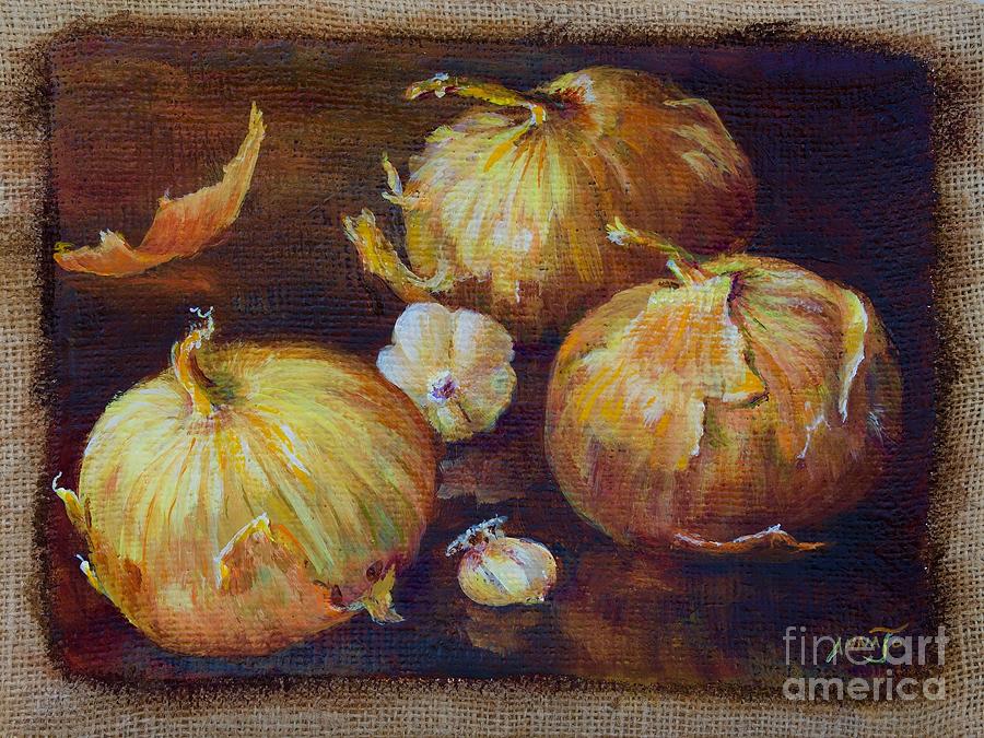 Onions and Garlic on Burlap Painting by AnnaJo Vahle