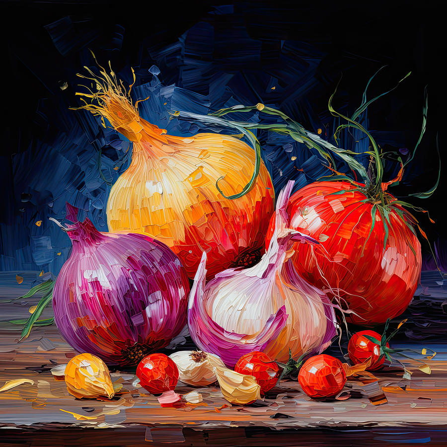 Onions Garlic and Cherry Tomatoes Art Painting by Lourry Legarde