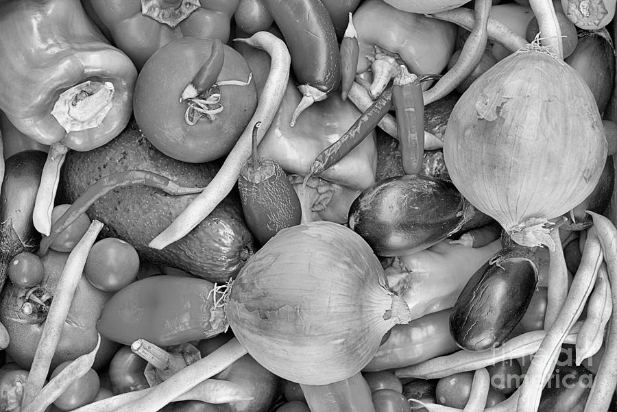 Onions Peppers Beans And Tomatoes Black And White Photograph by Adam Jewell