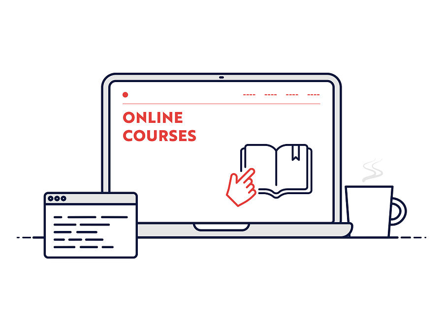Online Courses Concept with Line Laptop Illustration with Editable Stroke. Drawing by Esra Sen Kula