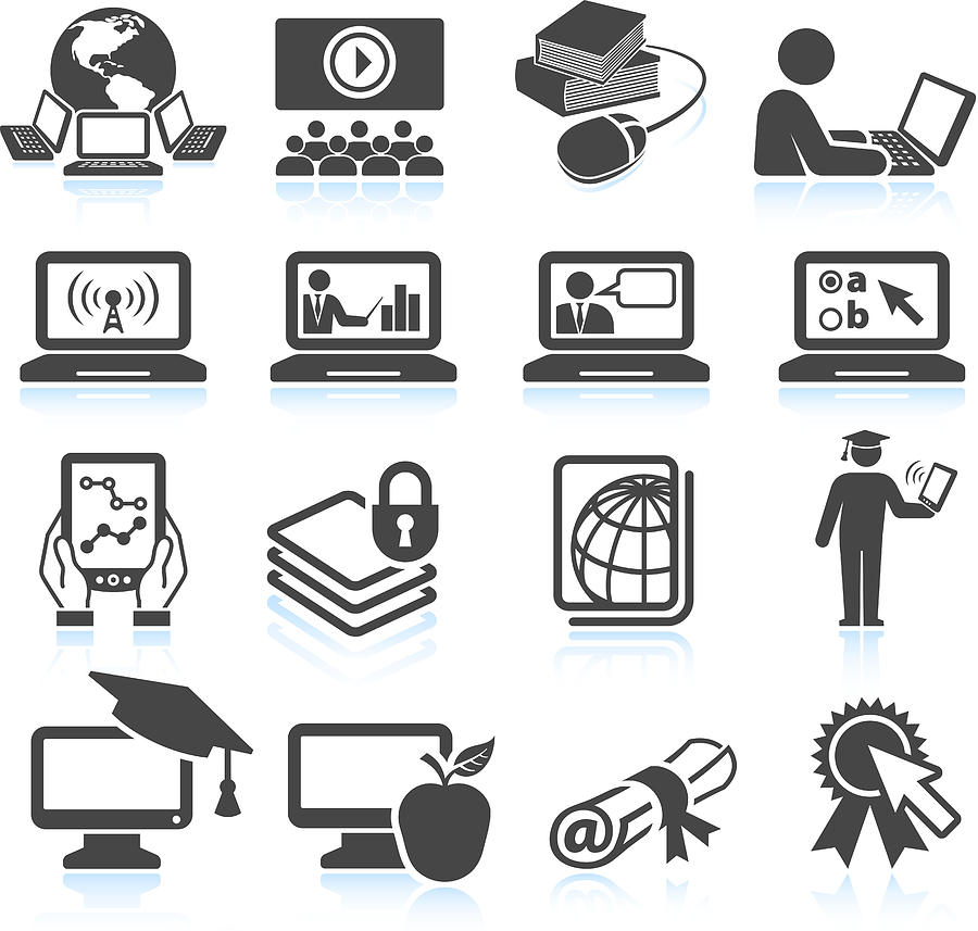 Online education black & white royalty free vector icon set Drawing by Bubaone