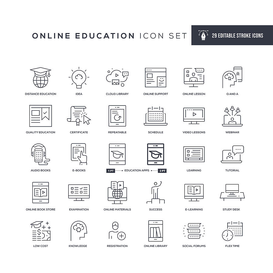 Online Education Editable Stroke Line Icons Drawing by Enis Aksoy