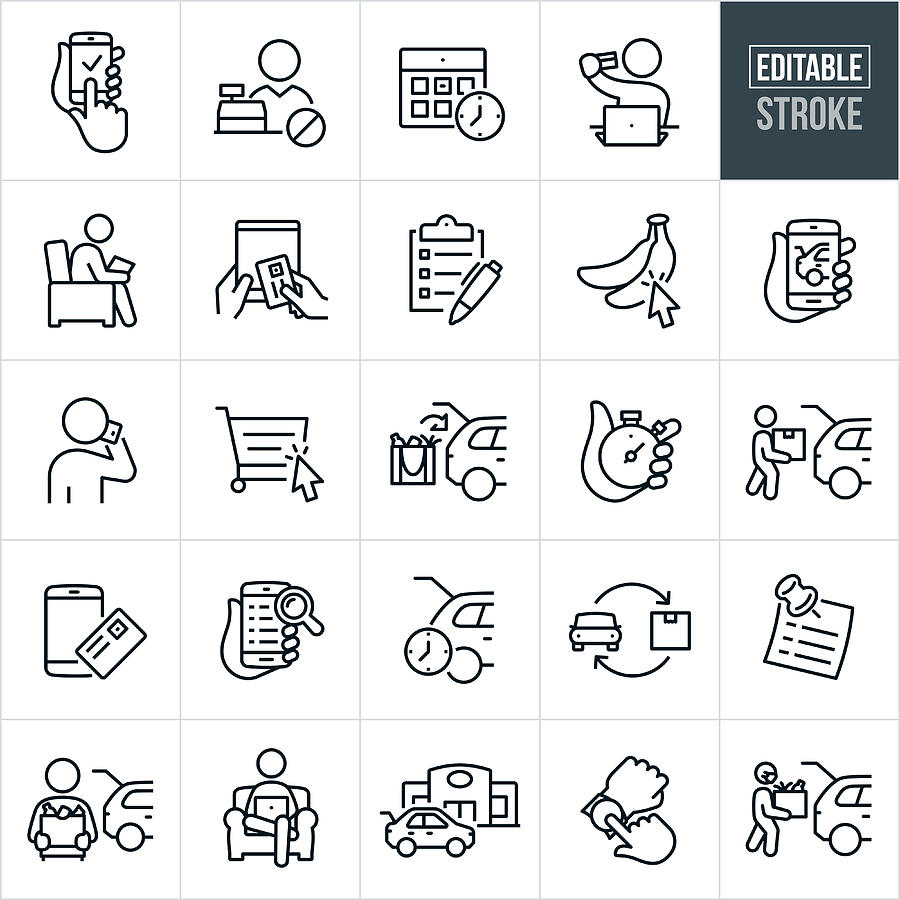 Online Ordering and Curbside Pickup Thin Line Icons - Editable Stroke Drawing by Appleuzr