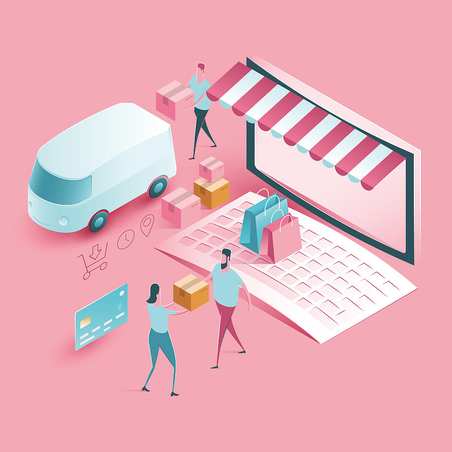 Online Shop Delivery and Shopping - isometric illustration Drawing by Axllll