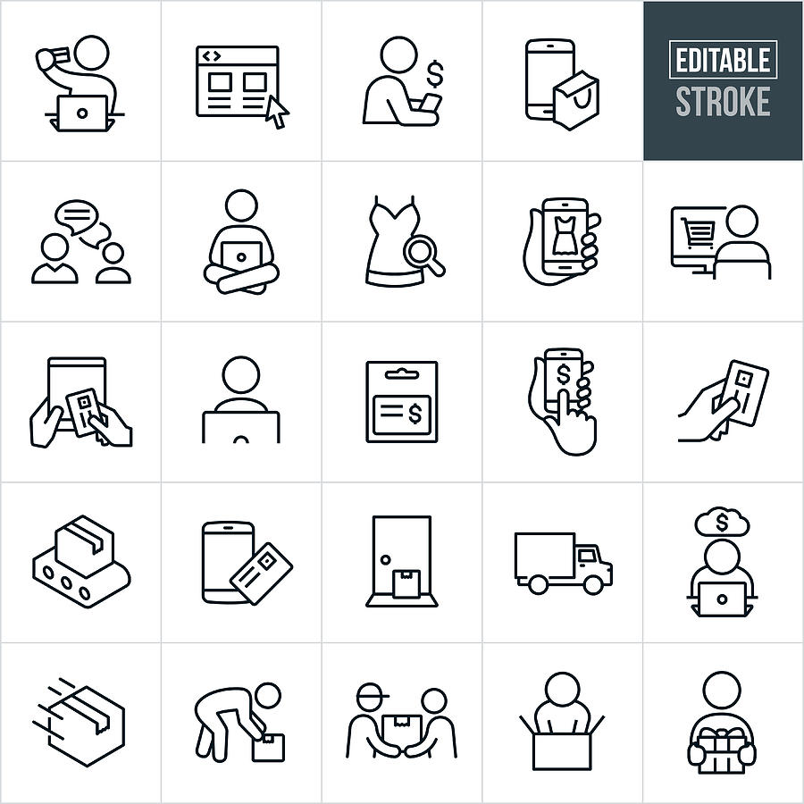 Online Shopping Thin Line Icons - Ediatable Stroke Drawing by Appleuzr